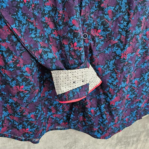JB Holt Button Down Shirt L Blue Purple Pink Rose Dark Floral Flip Cuff Tailored - Picture 5 of 14